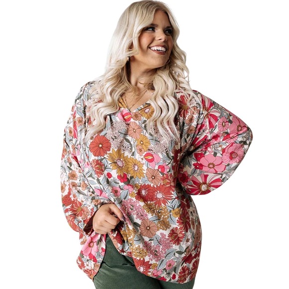 entro Tops - Entro Floral Blouse Small Pink Mustard Retro Boho Ruffle V-Neck Cottagecore